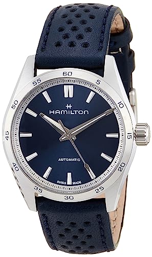 Hamilton Watch Jazzmaster Performer Auto | Swiss Made | 34mm Stainless Steel Case | Blue Dial Analog Watch | Blue Leather Strap (Model: H36115640) - Image 5