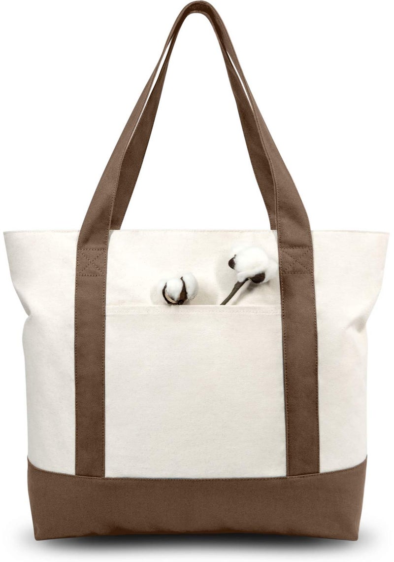 TOPDesign 1-Pack Canvas Tote Bag with an External Pocket, Reusable Grocery Shopping Bag, Top Zipper Closure, Daily Essentials (Brown/Natural) - Image 1