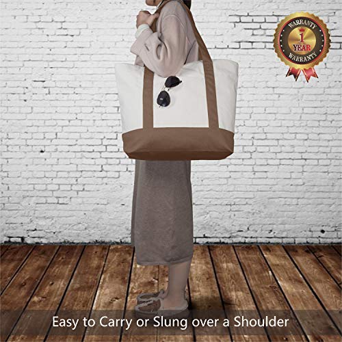 TOPDesign 1-Pack Canvas Tote Bag with an External Pocket, Reusable Grocery Shopping Bag, Top Zipper Closure, Daily Essentials (Brown/Natural) - Image 2