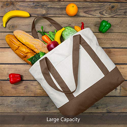 TOPDesign 1-Pack Canvas Tote Bag with an External Pocket, Reusable Grocery Shopping Bag, Top Zipper Closure, Daily Essentials (Brown/Natural) - Image 4