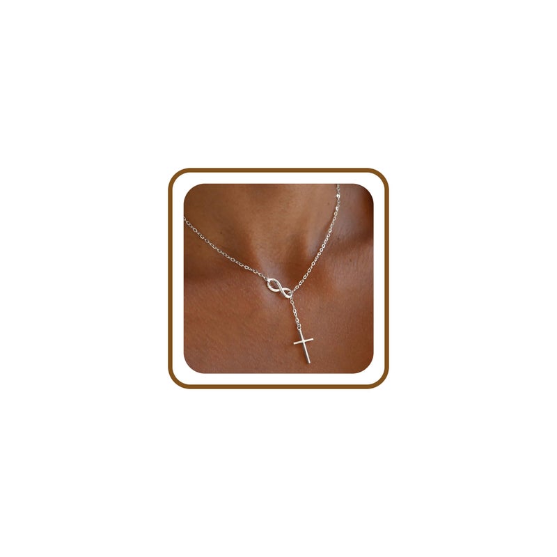 Poxtex Silver Necklace for Women, Waterproof Non Tarnish Infinity Cross Pendant Long Y Necklaces Dainty Trendy Minimalist Christian Jewelry Faith Cross Accessories for Everyday Wear Easter Gift - Image 1