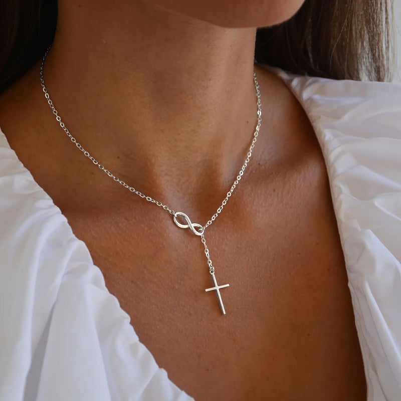 Poxtex Silver Necklace for Women, Waterproof Non Tarnish Infinity Cross Pendant Long Y Necklaces Dainty Trendy Minimalist Christian Jewelry Faith Cross Accessories for Everyday Wear Easter Gift - Image 2