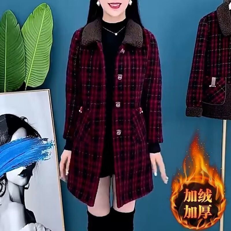 fleece-lined Thickened Loose plus size Plaid Jacket Womens Winter 2024 New Style Foreign Elegant Age-reducing Cotton-padded jacket Tide Red - Image 2