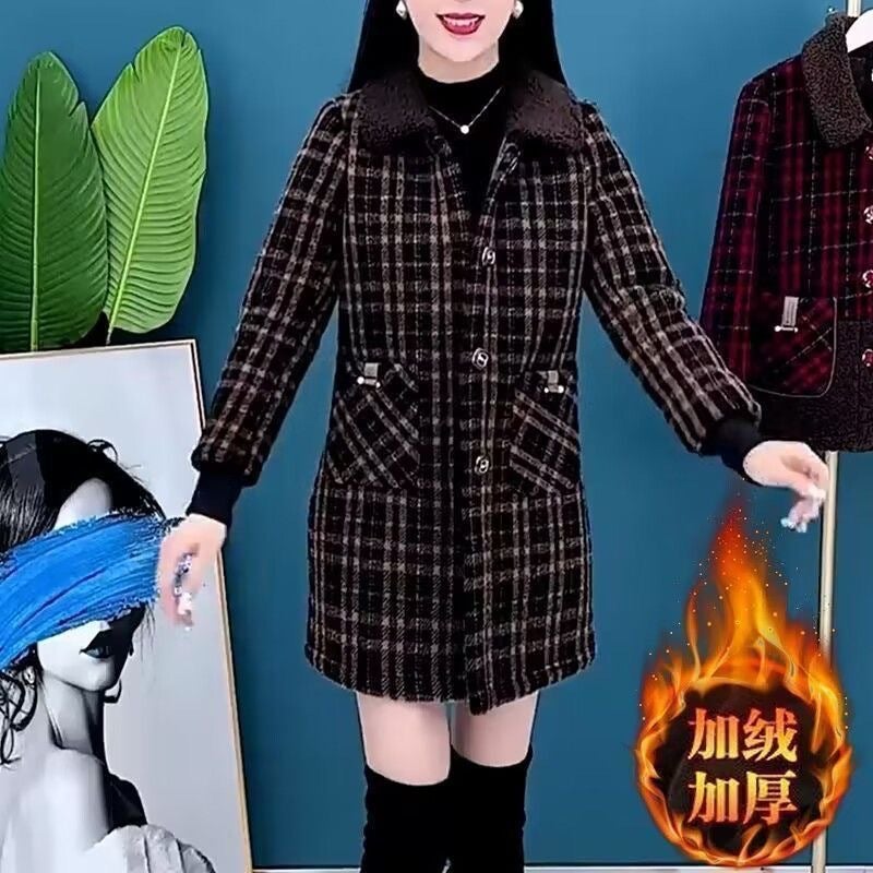 fleece-lined Thickened Loose plus size Plaid Jacket Womens Winter 2024 New Style Foreign Elegant Age-reducing Cotton-padded jacket Tide Red - Image 3