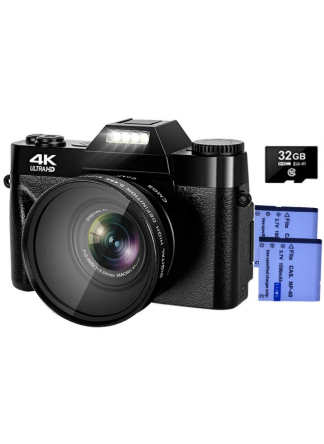 Generic E-commerce Products 4K Digital Camera Ultra High Definition 48MP 3.0 Flip Screen With Wide Angle 4K Micro Single LED-Body Color:Standard Black English Version + 4k Lens + 32gb Card + Battery  - Image 1