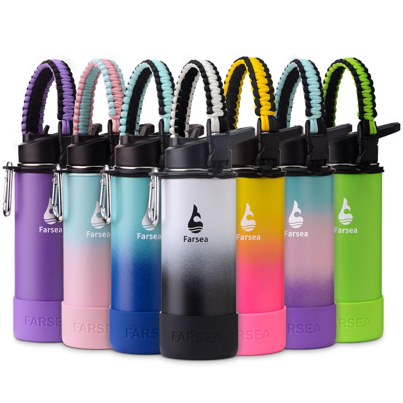 Farsea Insulated Water Bottle With Paracord Handle  Protective Boot and 2 Lids (Straw Lid & Spout Lid)  Stainless Steel Water Bottle Wide Mouth  Double Wall Sweat-Proof BPA-Free  18 oz - Image 1