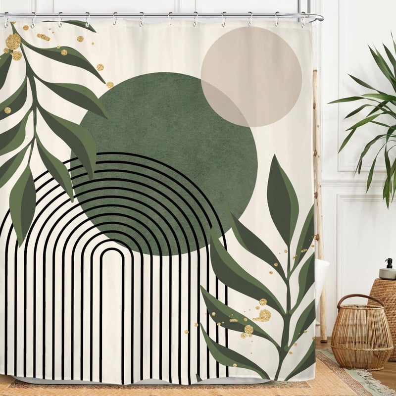 Miyotaa Green Abstract Shower Curtain Set 60Wx71H Inches Neutral Leaves Geometric Minimalist Aesthetic Plant Mid Century Modern Vintage Polyester Waterproof Bathroom Curtain with 12 Hooks - Image 2