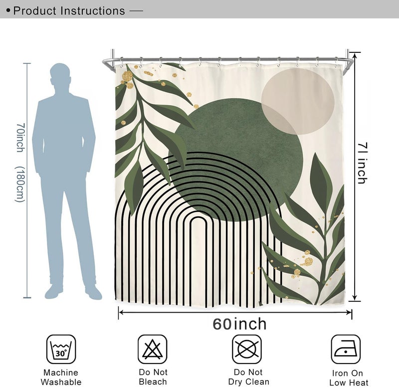 Miyotaa Green Abstract Shower Curtain Set 60Wx71H Inches Neutral Leaves Geometric Minimalist Aesthetic Plant Mid Century Modern Vintage Polyester Waterproof Bathroom Curtain with 12 Hooks - Image 4