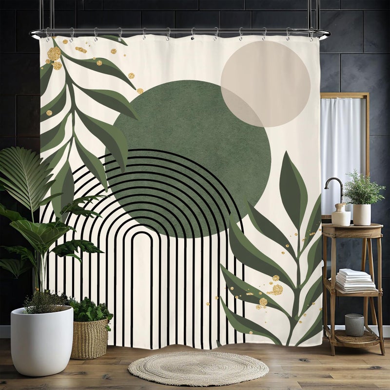 Miyotaa Green Abstract Shower Curtain Set 60Wx71H Inches Neutral Leaves Geometric Minimalist Aesthetic Plant Mid Century Modern Vintage Polyester Waterproof Bathroom Curtain with 12 Hooks - Image 1
