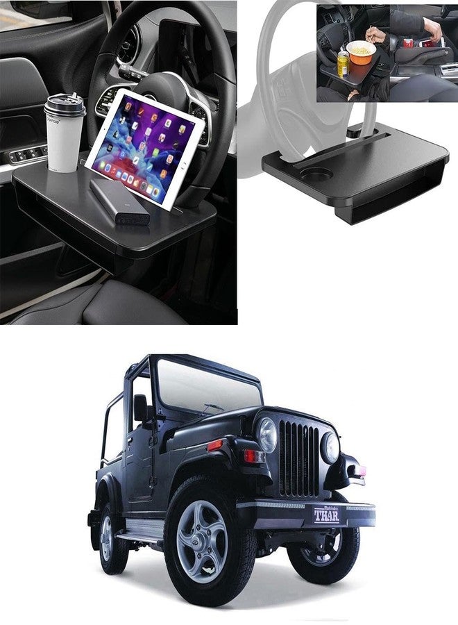 Oshotto FT-06 Dual purpose Car Steering Wheel Rack desk Vehicle seat gap organizer dinning car tray table Cup Holder Compatible with Mahindra Thar (Black) - Image 2