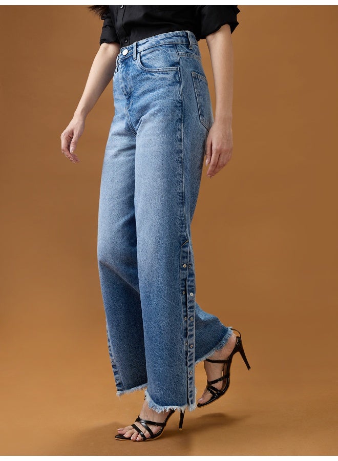 globus Globus Women Light Blue Cotton High-Rise Light Fade Side Slit Frayed Hem Denim Jeans  - Image 3