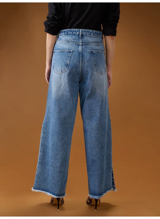 globus Globus Women Light Blue Cotton High-Rise Light Fade Side Slit Frayed Hem Denim Jeans  - Image 4