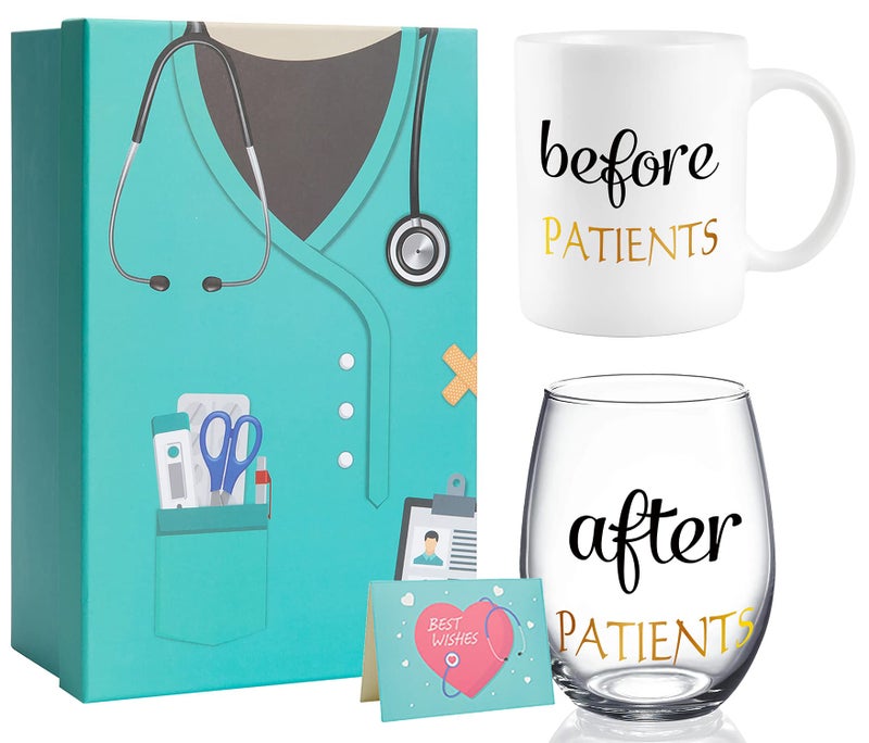 PUGED PUGED Before Patients After Patients Gift Set 11 oz Coffee Mug and 18 oz Stemless Wine Glass with Gift Package for Dentist Nurses Day Graduation Gifts Blue 