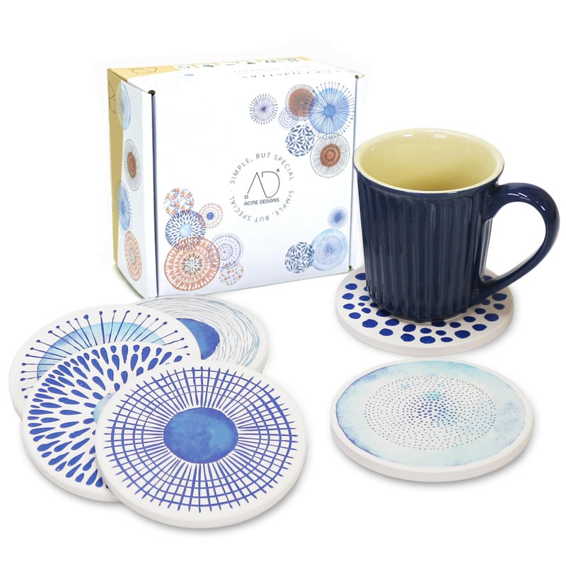 AD Set of 6 Coasters for Drinks Absorbing Round Ceramic Stone Coaster with Cork Base,Tabletop Protection Mat for Mugs and Cups,Office,Kitchen (Blue Watercolor Series) - Image 2