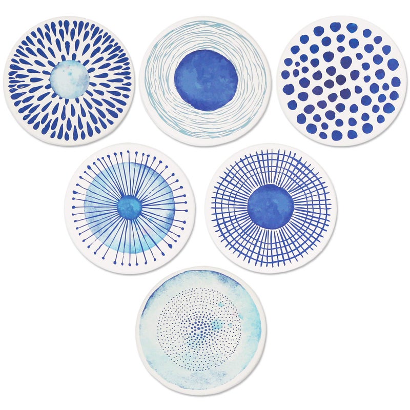 AD Set of 6 Coasters for Drinks Absorbing Round Ceramic Stone Coaster with Cork Base,Tabletop Protection Mat for Mugs and Cups,Office,Kitchen (Blue Watercolor Series) - Image 1