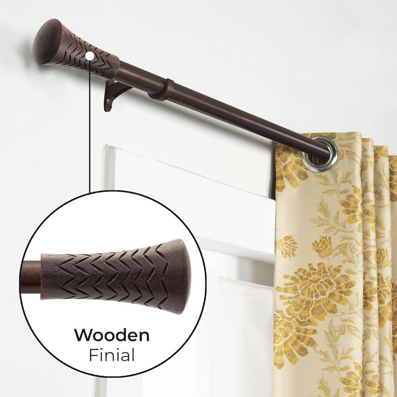 Essential Deco Essential 66120 Extendable Curtain Rod for Door Windows Adjustable Heavy Duty Iron Drapery Pole with Wood Taper Finials 19mm Dia Brown - Image 2