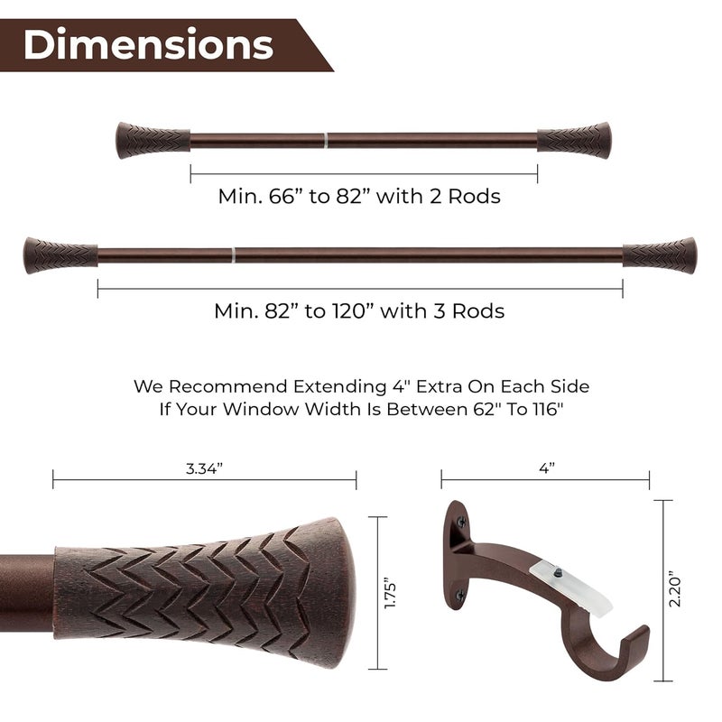 Essential Deco Essential 66120 Extendable Curtain Rod for Door Windows Adjustable Heavy Duty Iron Drapery Pole with Wood Taper Finials 19mm Dia Brown - Image 5