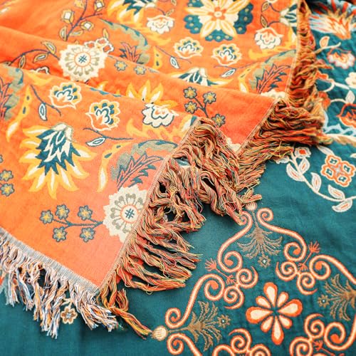 VANJOROY Boho Throw Blanket, 100% Cotton Muslin Breathable Soft Bed Throw - Floral Farmhouse Decor Blanket for Sofa Couch Chair and Gift. 60" x 80"- Orange - Image 5