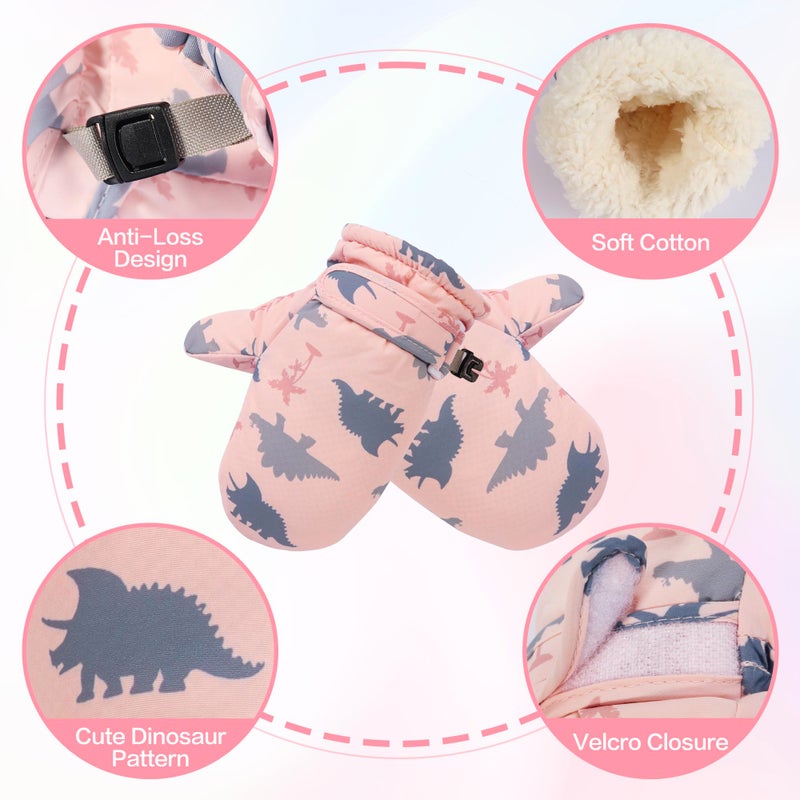 Fynnsure Toddler Mittens - Baby Waterproof Snow Gloves for Boys & Girls, Pink Dinosaur, 1-2 Years - Image 2