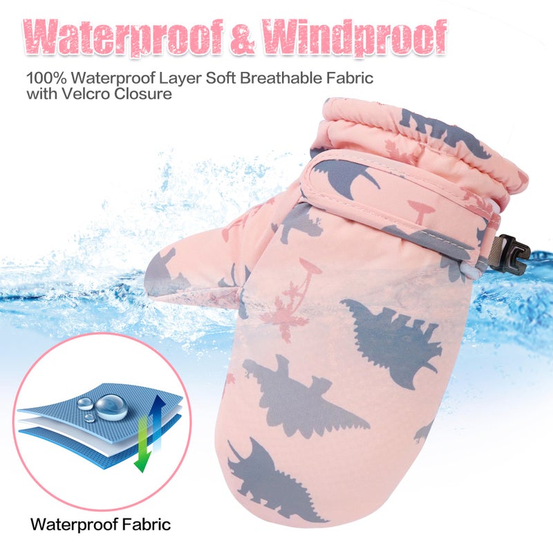 Fynnsure Toddler Mittens - Baby Waterproof Snow Gloves for Boys & Girls, Pink Dinosaur, 1-2 Years - Image 3