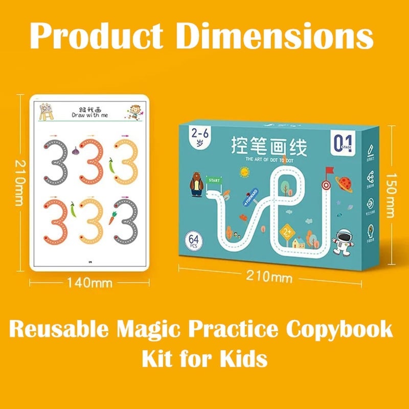 EDICON 64 Pages Magical Tracing Workbook Set | Reusable Handwriting Practice Book with Pen | Alphabet & Number Learning | Preschool Educational Writing Book for Kids (1) - Image 2