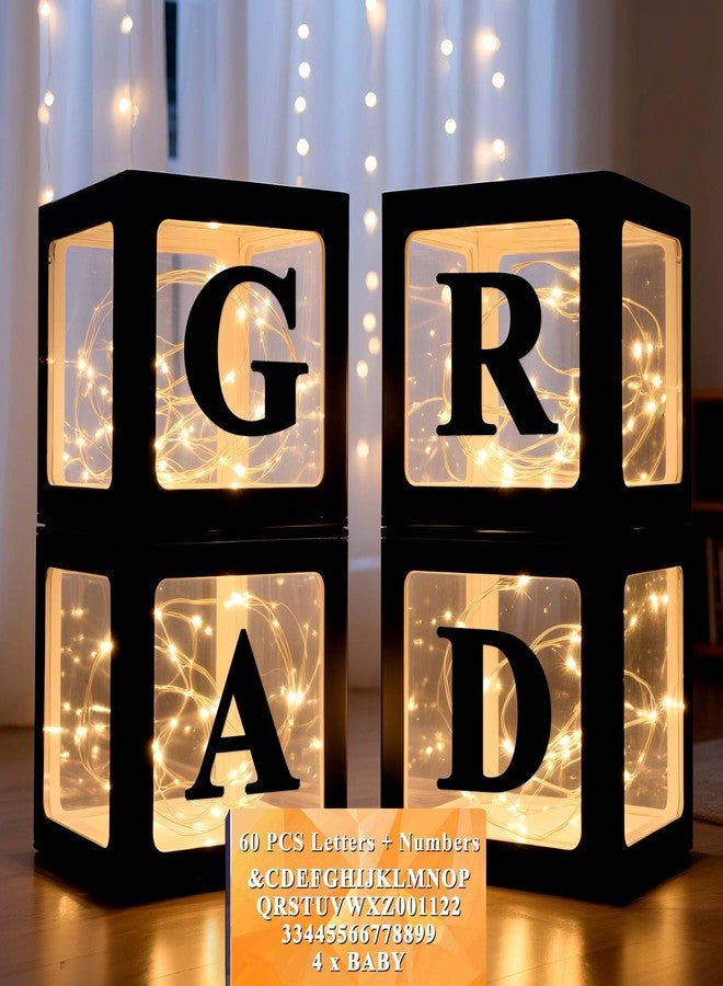 Ledido 2026 Graduation Balloon Boxes Decorations, 4 Pieces Black Clear Grad Balloon Boxes with Letters & Fairy Lights, Class of 2026 Graduation Party Supplies for College, Prom, Birthday, Baby Shower - Image 1
