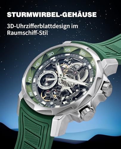 FEICE Watches for Men Automatic Skeleton Watch – Sapphire Crystal, 5ATM Waterproof, Luminous Dial, Men's Wristwatch with Green Silicone Strap FM511 Green - Image 2