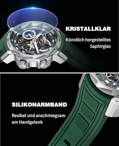 FEICE Watches for Men Automatic Skeleton Watch – Sapphire Crystal, 5ATM Waterproof, Luminous Dial, Men's Wristwatch with Green Silicone Strap FM511 Green - Image 3