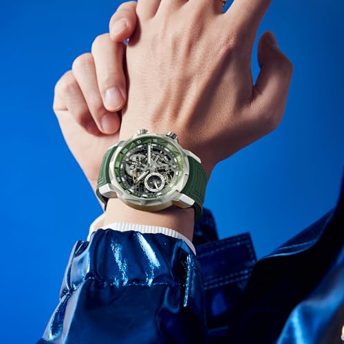 FEICE Watches for Men Automatic Skeleton Watch – Sapphire Crystal, 5ATM Waterproof, Luminous Dial, Men's Wristwatch with Green Silicone Strap FM511 Green - Image 5