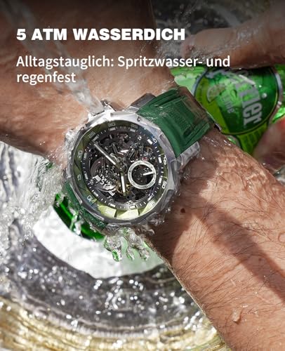FEICE Watches for Men Automatic Skeleton Watch – Sapphire Crystal, 5ATM Waterproof, Luminous Dial, Men's Wristwatch with Green Silicone Strap FM511 Green - Image 4