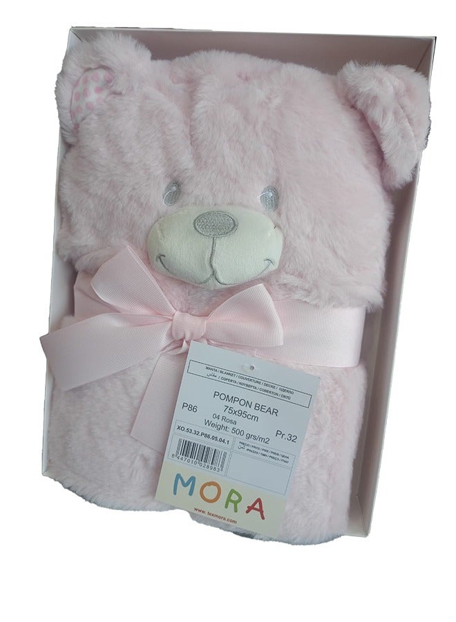 Mora spain Pompon Bear Baby Blanket, Model P86 - Color: Pink- Size: 75 x 95 cm - Weight: 960 grams - Country of origin: Spain. - Image 3