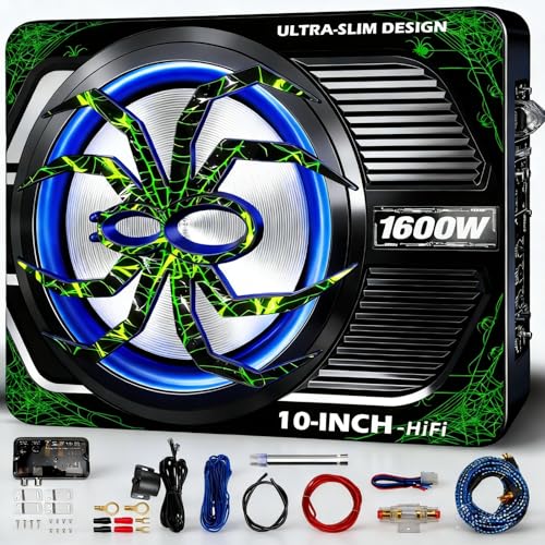 WDiYA 2026 Upgraded 1600W Car Subwoofer, 10" Ultra-Thin Under-Seat Sub with Built-in Amplifier, (LPF/Gain/Bass Boost) LED Ambient Lights, Independent Bass Knob, Distortion-Free Deep Bass (B) - Image 1