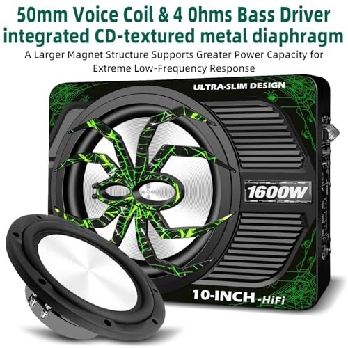 WDiYA 2026 Upgraded 1600W Car Subwoofer, 10" Ultra-Thin Under-Seat Sub with Built-in Amplifier, (LPF/Gain/Bass Boost) LED Ambient Lights, Independent Bass Knob, Distortion-Free Deep Bass (B) - Image 3