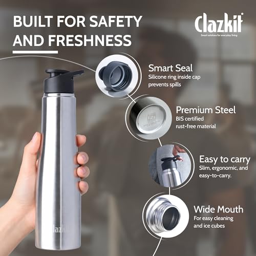 Clazkit Optimus Sporty Stainless Steel Water Bottle 1000ml Set of 2|ISI Certified| Leakproof, Rust-Free, BPA-Free, Durable for College, Fridge, Sports, Gym, Yoga & Office - Image 2