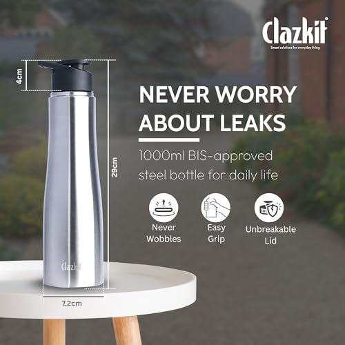 Clazkit Optimus Sporty Stainless Steel Water Bottle 1000ml Set of 2|ISI Certified| Leakproof, Rust-Free, BPA-Free, Durable for College, Fridge, Sports, Gym, Yoga & Office - Image 4