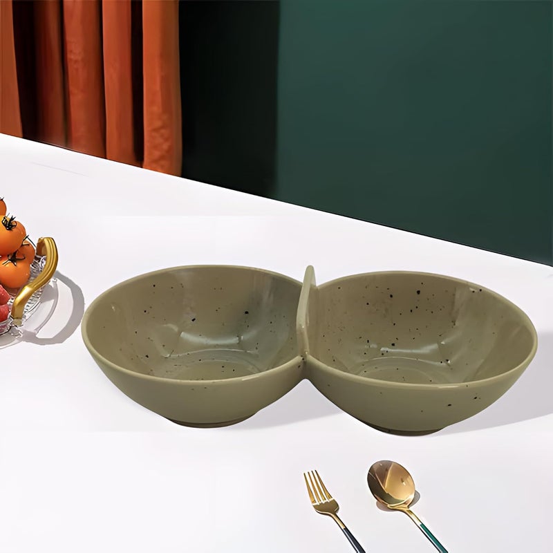 Lemon Tree Ceramic Small Partition DishBowl with Two Sections Ideal for Serving Snacks Serving Dips Chutney Dry Fruits Nuts Desserts Cookies Beige - Image 1