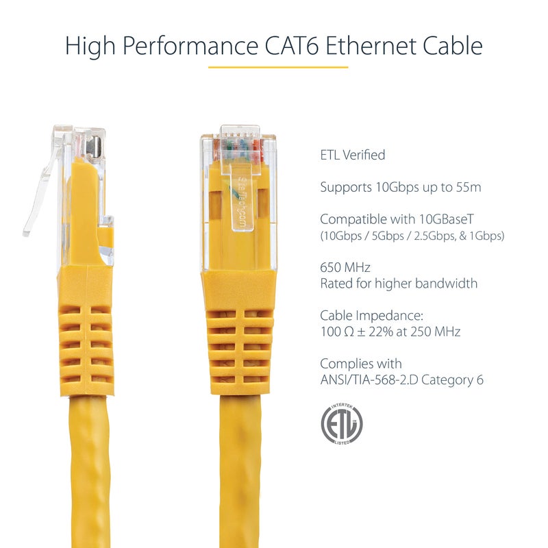 StarTech.com 6ft CAT6 Ethernet Cable - Yellow CAT 6 Gigabit Ethernet Wire -650MHz 100W PoE++ RJ45 UTP Molded Category 6 Network/Patch Cord w/Strain Relief/Fluke Tested UL/TIA Certified (C6PATCH6YL) - Image 2