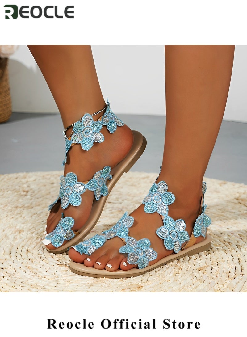ريوكل صنادل نسائية مسطحة بمشبك عند الأصابع أحذية شاطئ كاجوال من الدانتيل مزخرفة بالزهور صنادل رومانية أنيقة مريحة - Image 2
