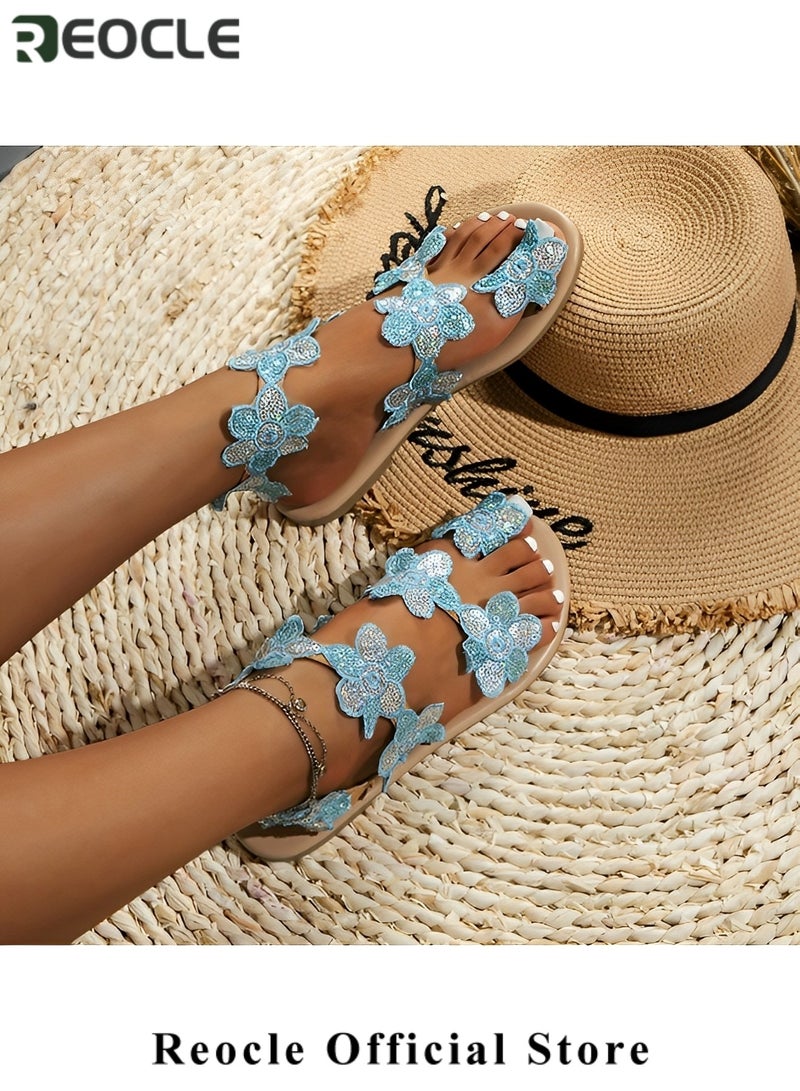 ريوكل صنادل نسائية مسطحة بمشبك عند الأصابع أحذية شاطئ كاجوال من الدانتيل مزخرفة بالزهور صنادل رومانية أنيقة مريحة - Image 5