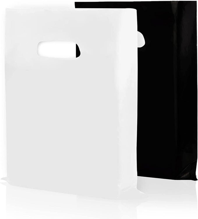 PLASTIC MERCHANDISE SHOPPING BAGS RETAIL BAG 16X18 100 PACK 175 MIL THICK BLACK WHITE DIE CUT HANDLES CRAFT FAIR SUPPLIES STORE GLOSSY FOR SALES PRODUCT FAVOR BOUTIQUE