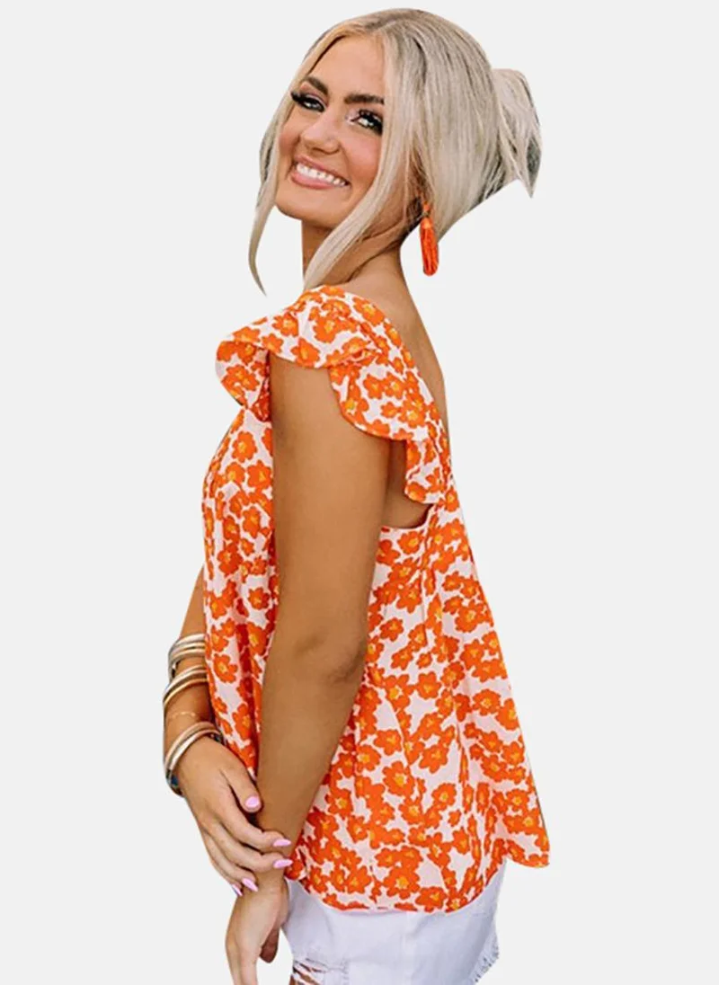 YUNIQEE Orange Floral Cap Sleeve Square Neck Tunics