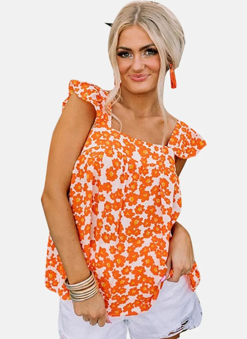 يونيكي Orange Floral Cap Sleeve Square Neck Tunics