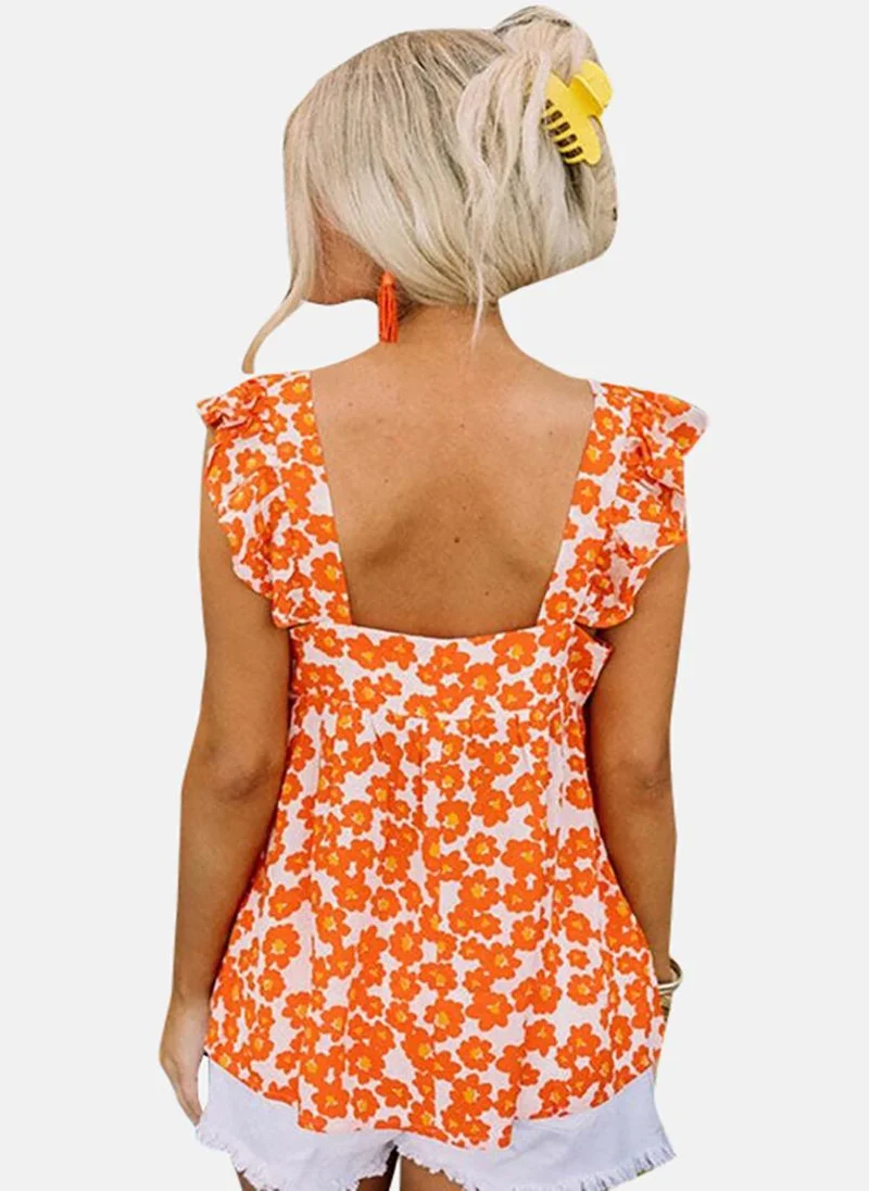 YUNIQEE Orange Floral Cap Sleeve Square Neck Tunics