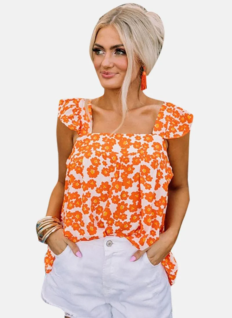 YUNIQEE Orange Floral Cap Sleeve Square Neck Tunics