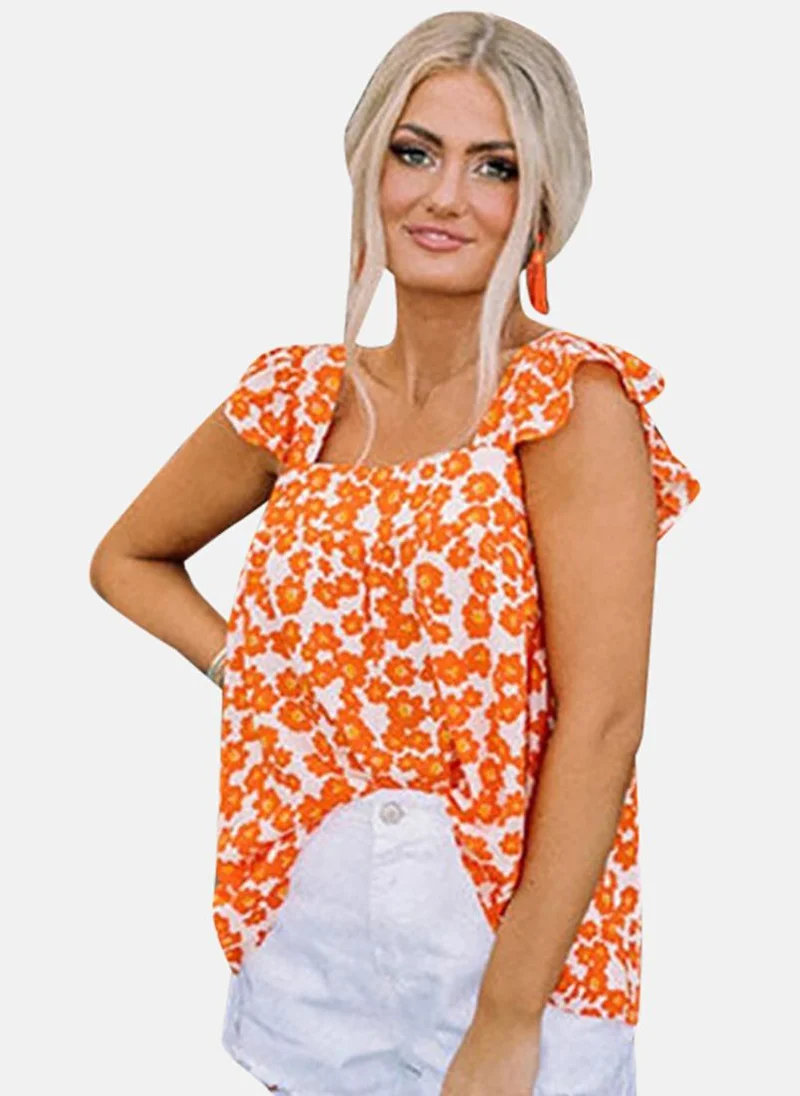 YUNIQEE Orange Floral Cap Sleeve Square Neck Tunics
