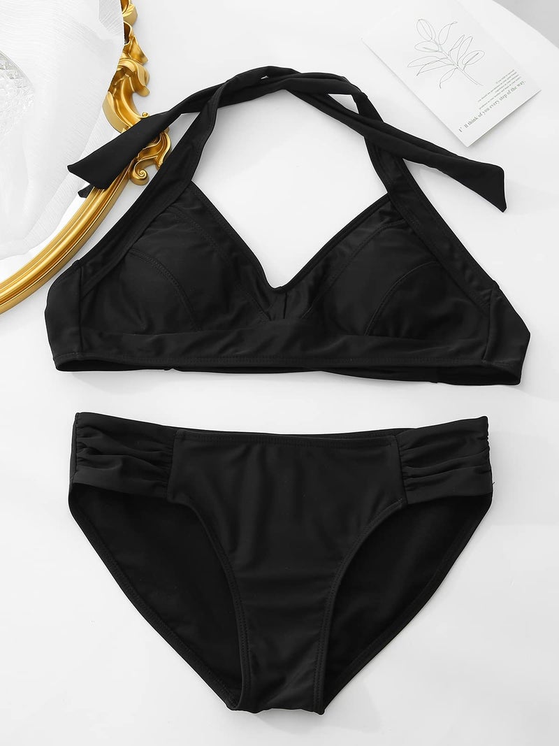 SWIMLANCE Women's Bikini Set Solid Halter Two Piece Bathing Suit Swimsuit Black - Image 5