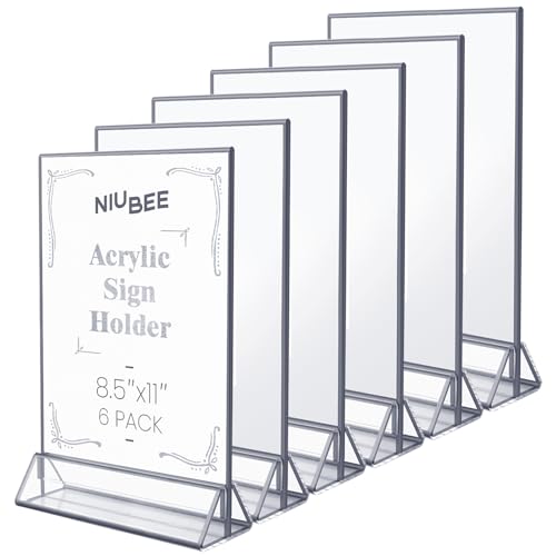 NIUBEE 6Pack 85x11 Clear Acrylic Sign Holder with Sliver Borders and Vertical Stand Double Sided Table Menu Holders Picture Frames for Wedding Table Numbers Photos