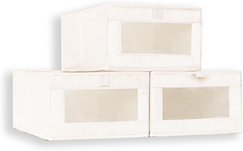 OTIPORTER Foldable Linen Closet Organizers and Storage Bins Storage Containers with Clear Window for Jeans Toys Books Closet Wardrobe PACK OF 3 - Image 1