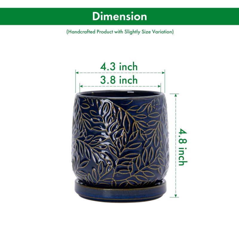 D'vine Dev 4 Inch Embossed Leaves Stoneware Planter Pot with Drainage Hole and Saucer, Midnight Blue, 27-A-Z-3 - Image 3