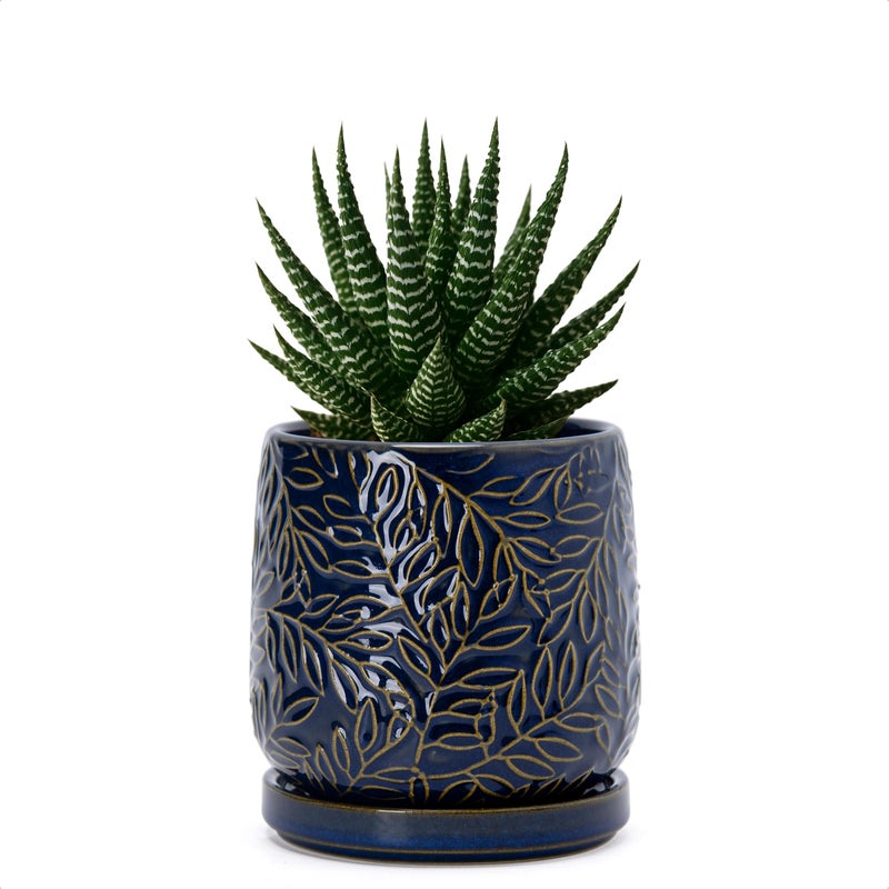 D'vine Dev 4 Inch Embossed Leaves Stoneware Planter Pot with Drainage Hole and Saucer, Midnight Blue, 27-A-Z-3 - Image 1